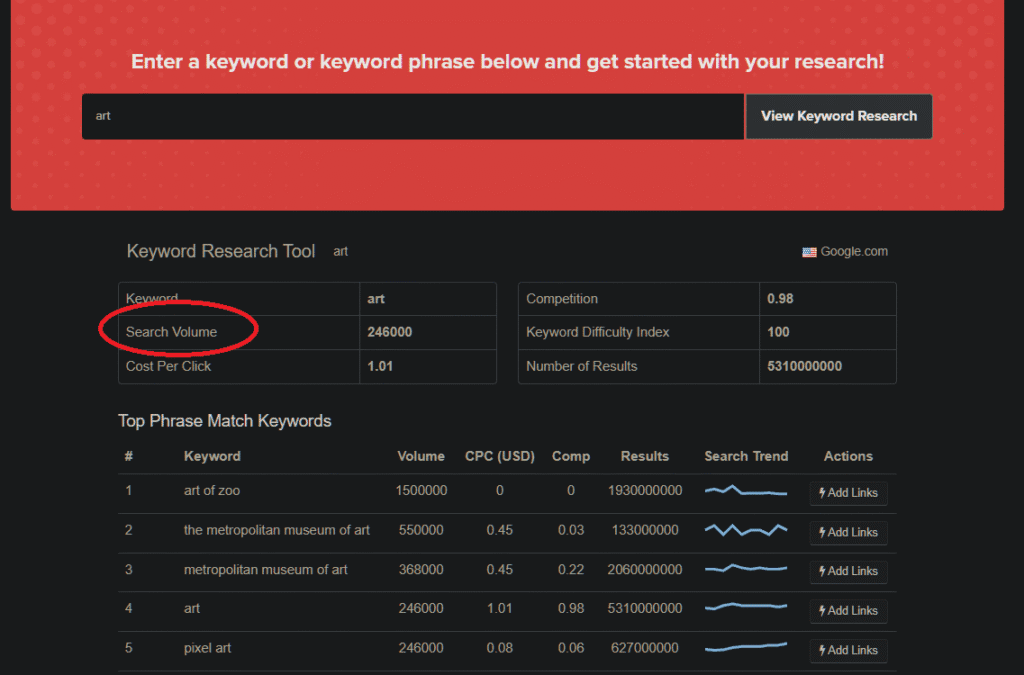 image of keyword research tool with search volume encircled