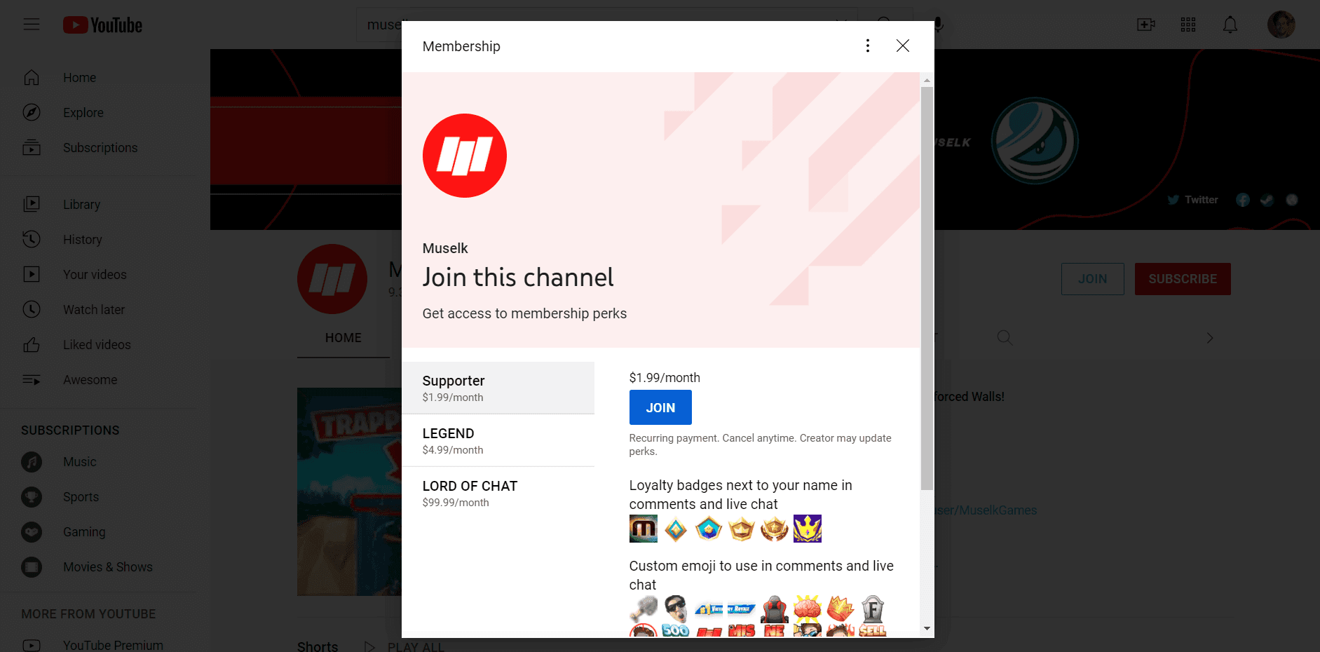 Landing page for YouTube channel membership