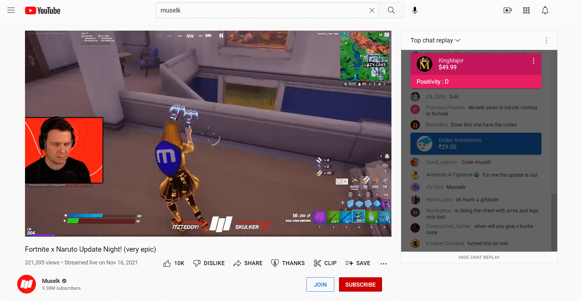 YouTube live stream super chat example