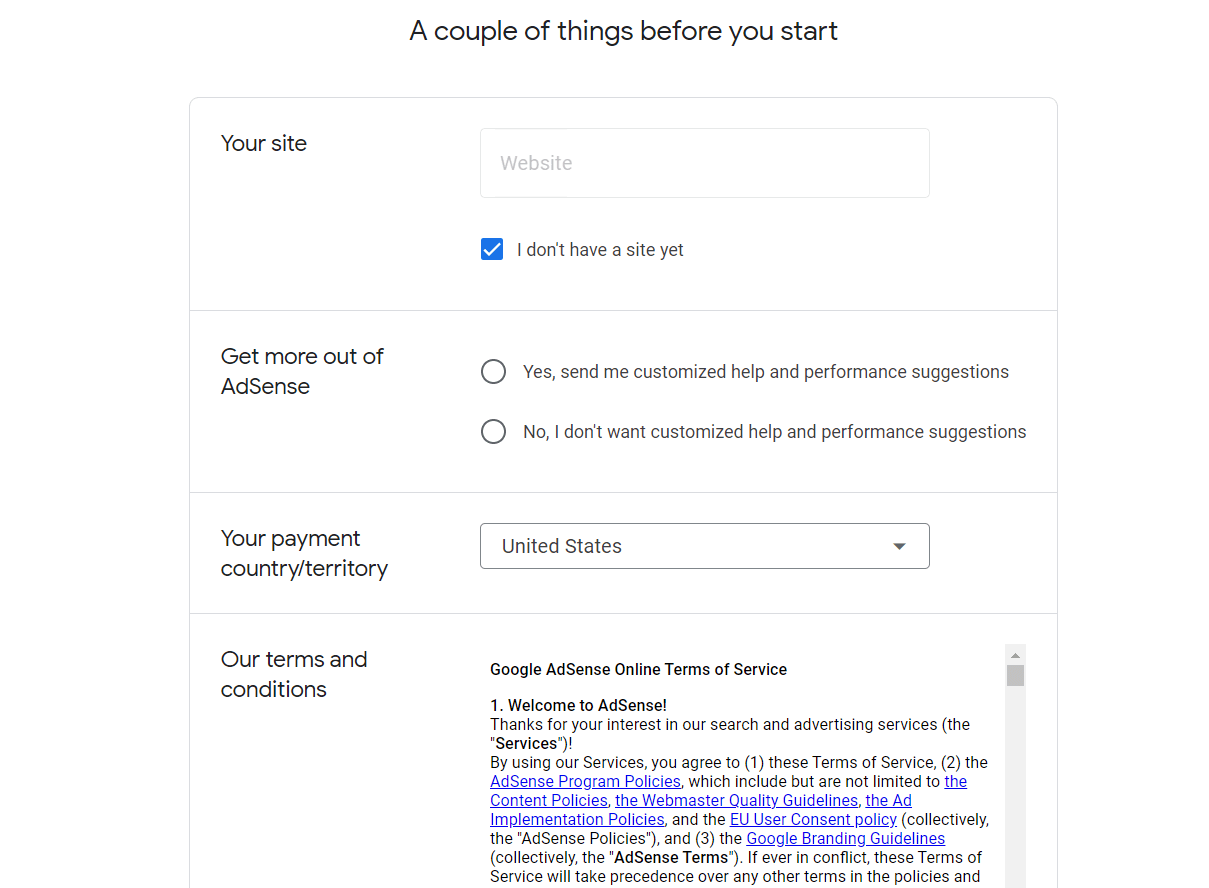 Signup process for Google AdSense