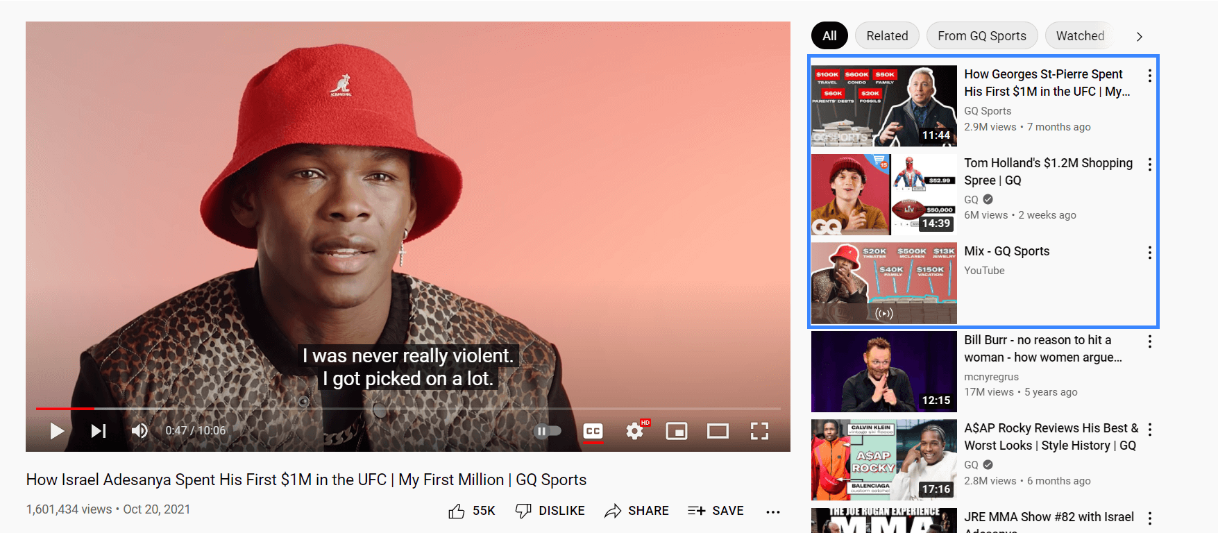 YouTube video and thumbnails from GQ