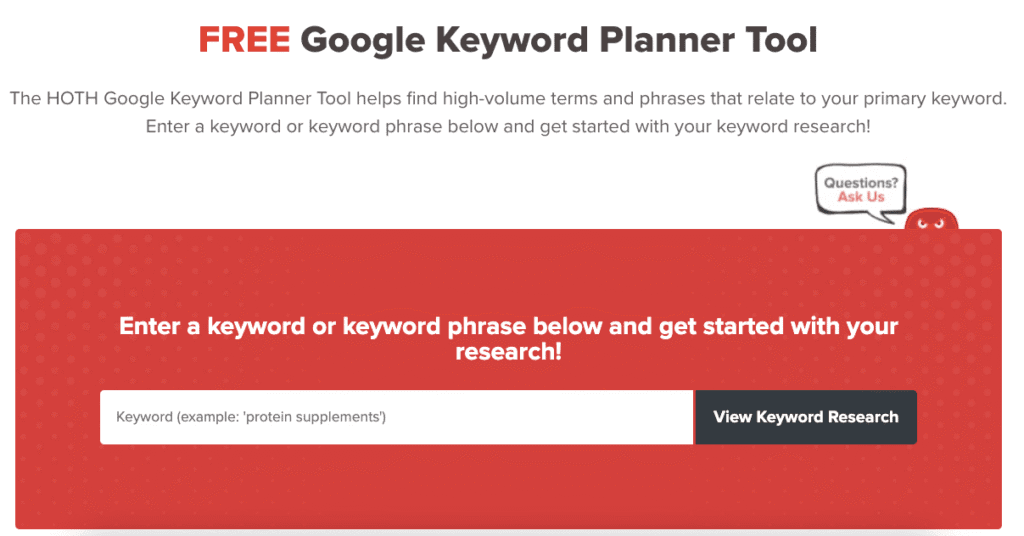 Screenshot of The HOTH's free Google keyword planner tool