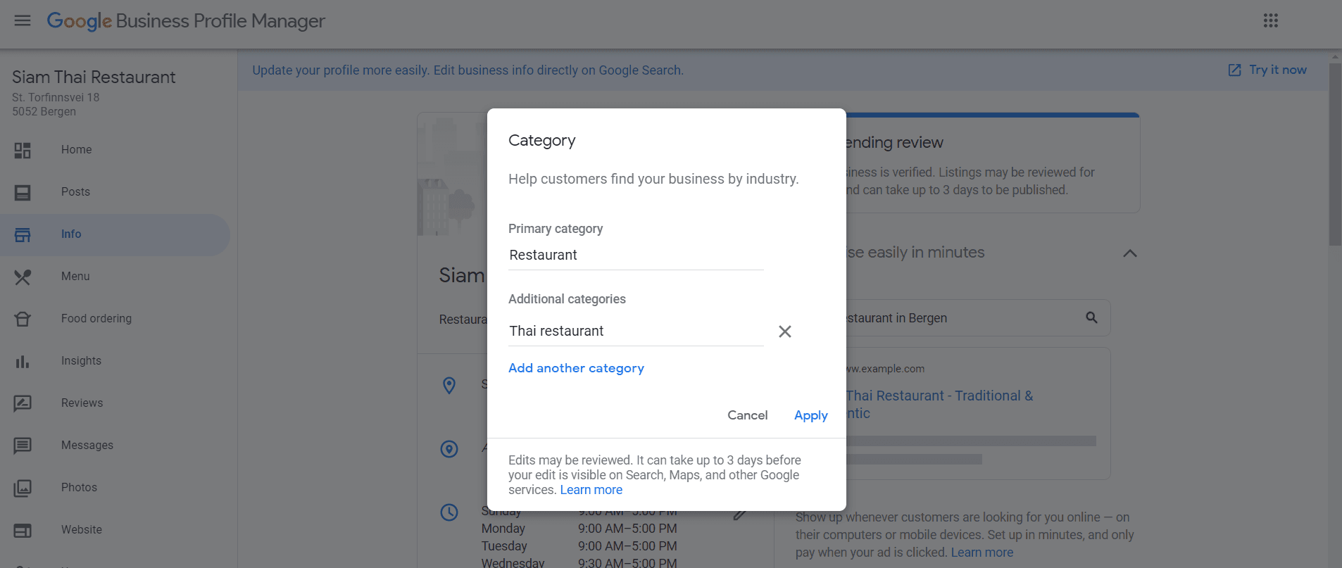 Editing categories in Google My Business