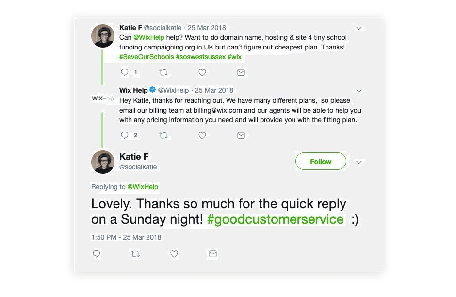 Social listening reply example from Wix