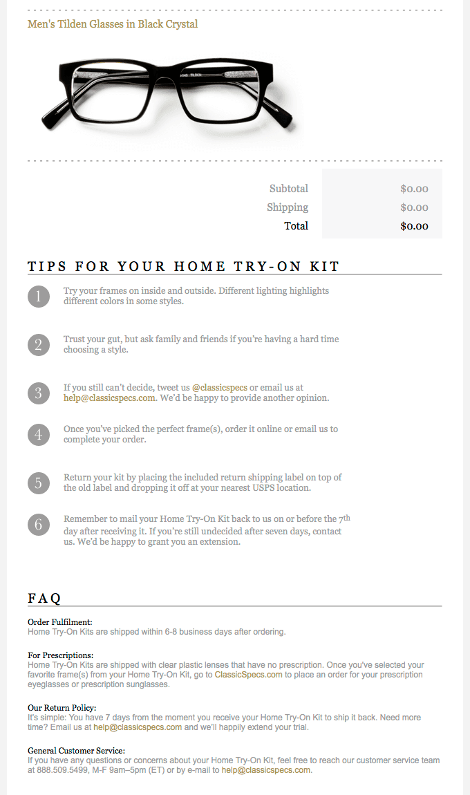 Thank you email from Classic Specs