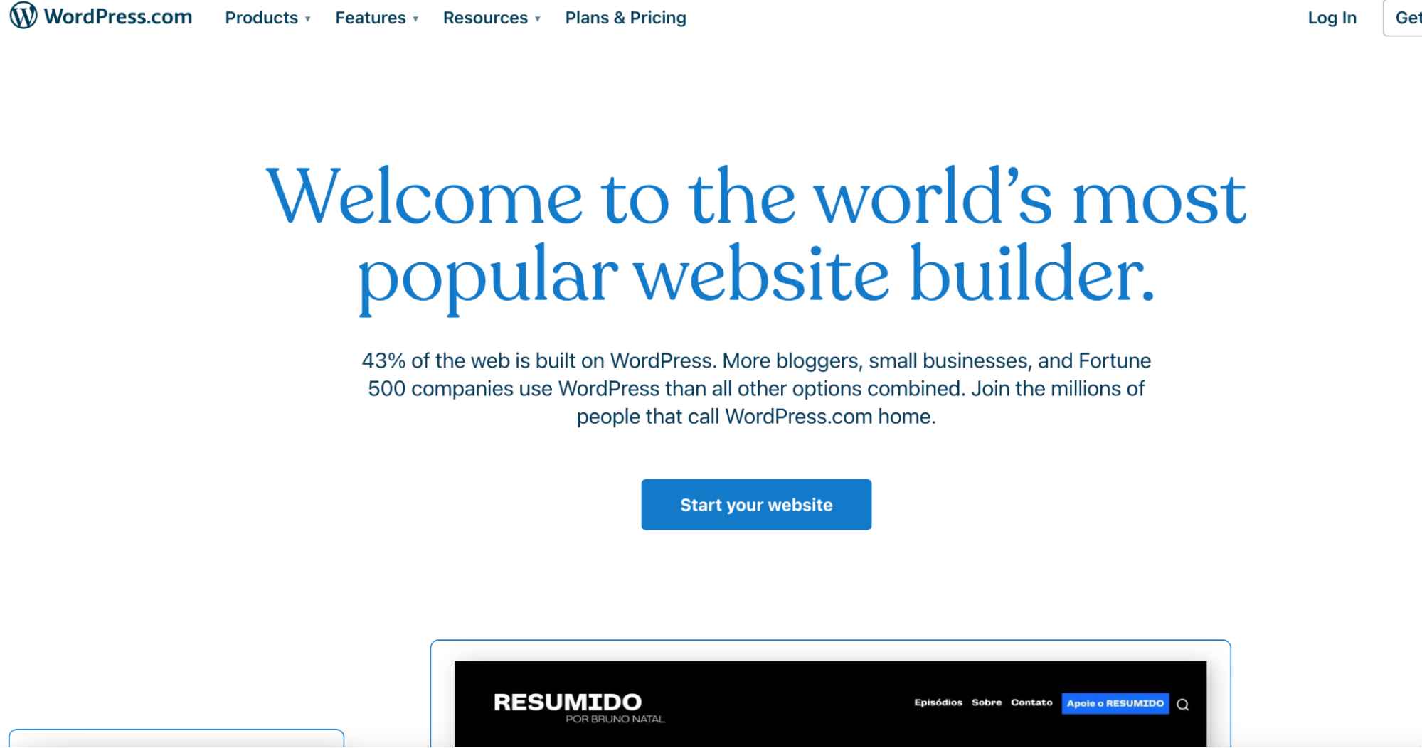 The homepage for Wordpress