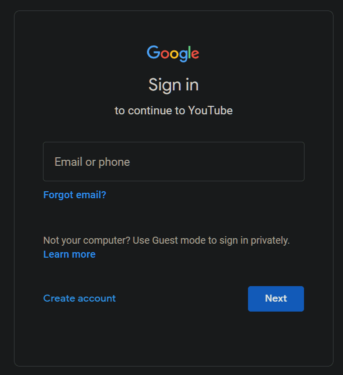Image of Youtube sign in page