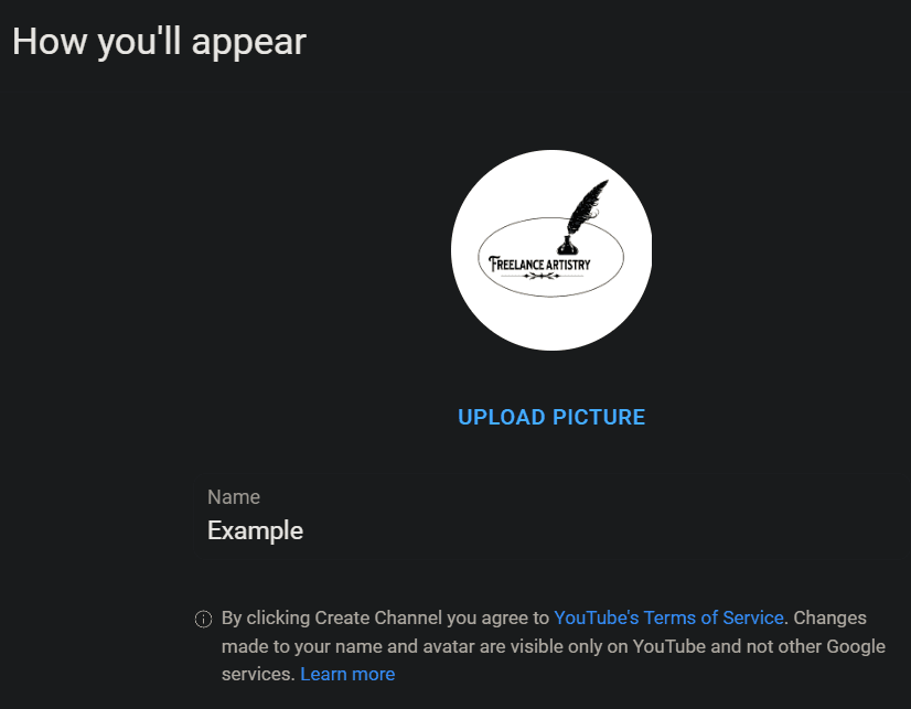 Image of Youtube Account Profile Set up page