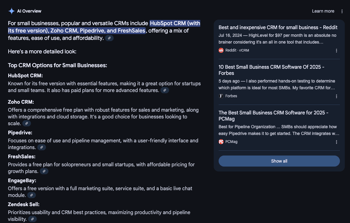 Google AI Overview for keyword ‘best CRM small business