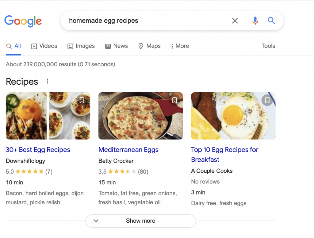 image showing Google search result for homemade egg recipes