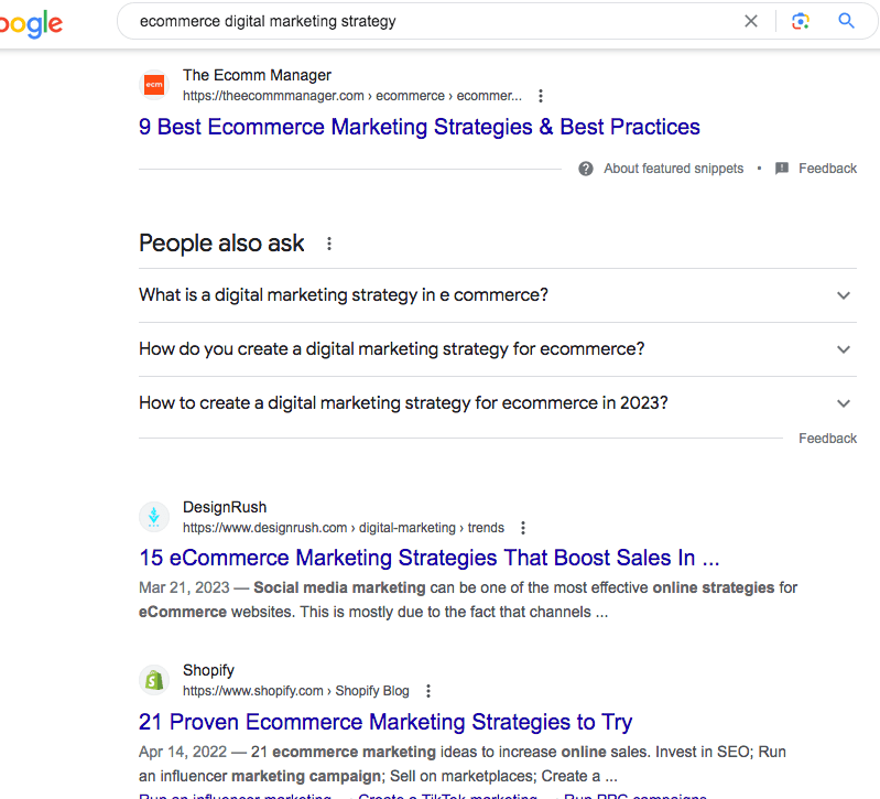 A screenshot of Google search results for the term Ecommerce digital marketing strategy. 
