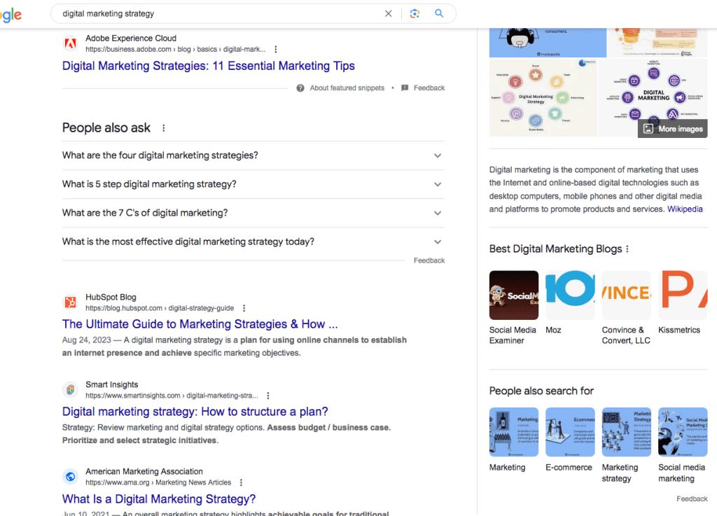 A screenshot of Google search results for the term digital marketing strategy. 