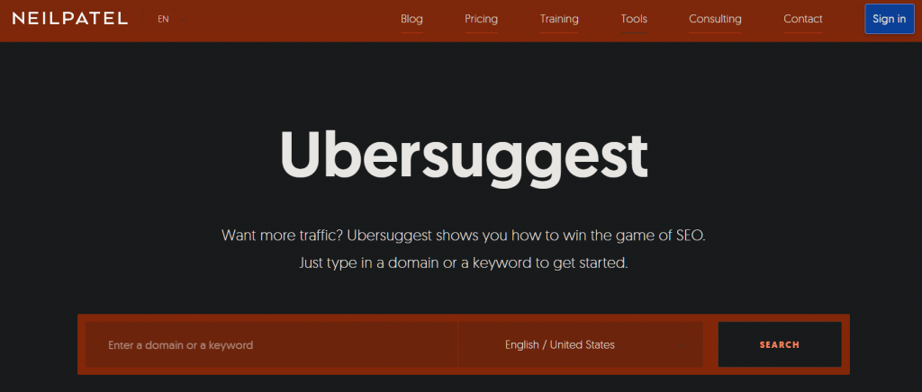 Image of Ubersuggest homepage