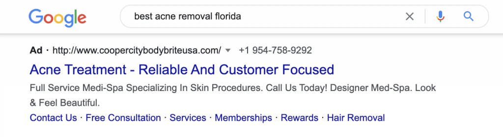 Image of a Google Ad of a Skin Care website