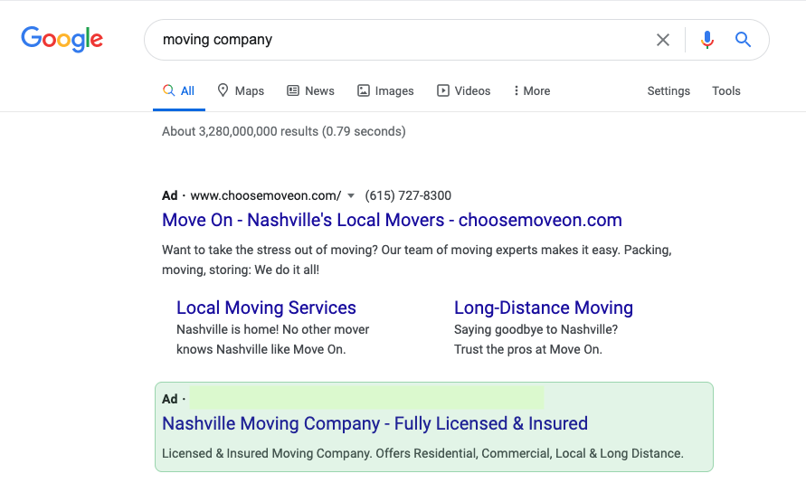 Here are some search ads for a moving company.