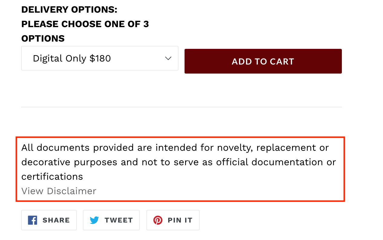An example of the disclaimer page built on their website and also a disclaimer on each product page.