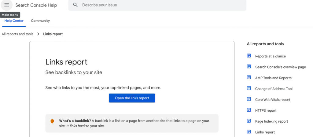 Screenshot of Google's Links report