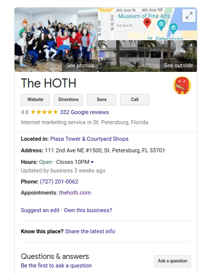 The HOTH's Google My Business page.