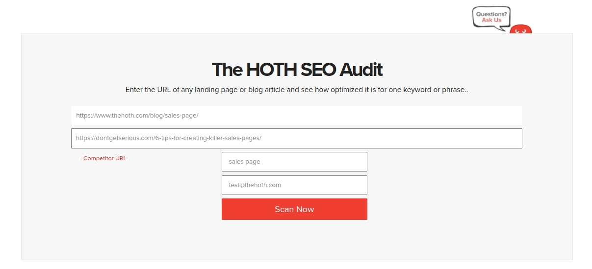 Filling out The HOTH's Best FREE SEO Audit Tool.