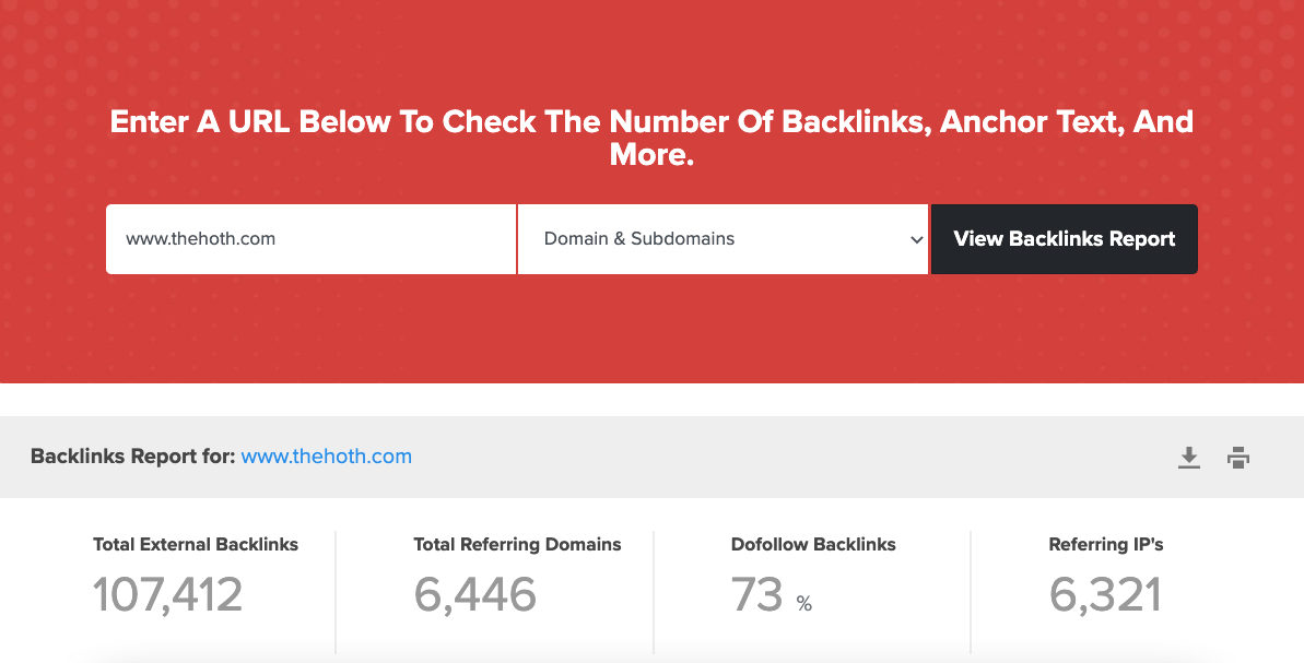 Screenshot of The HOTH's free backlink checker tool
