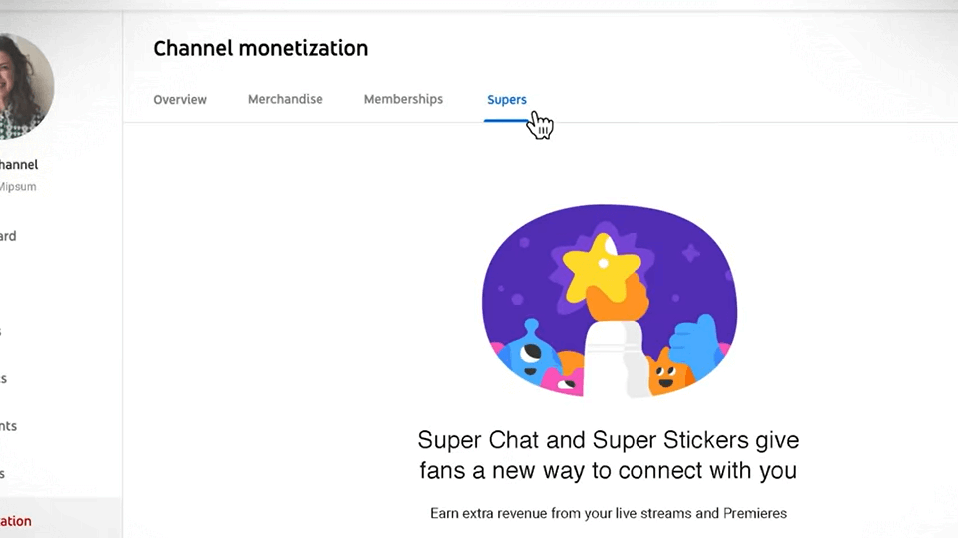 Supers tab of channel monetization page