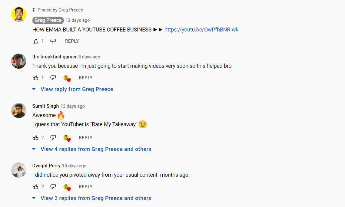 Screenshot of YouTuber interacting with comments