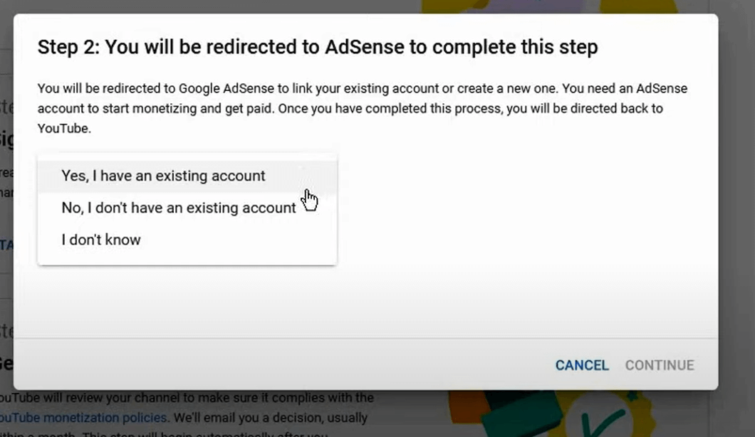 Prompt on YouTube asking if you have AdSense