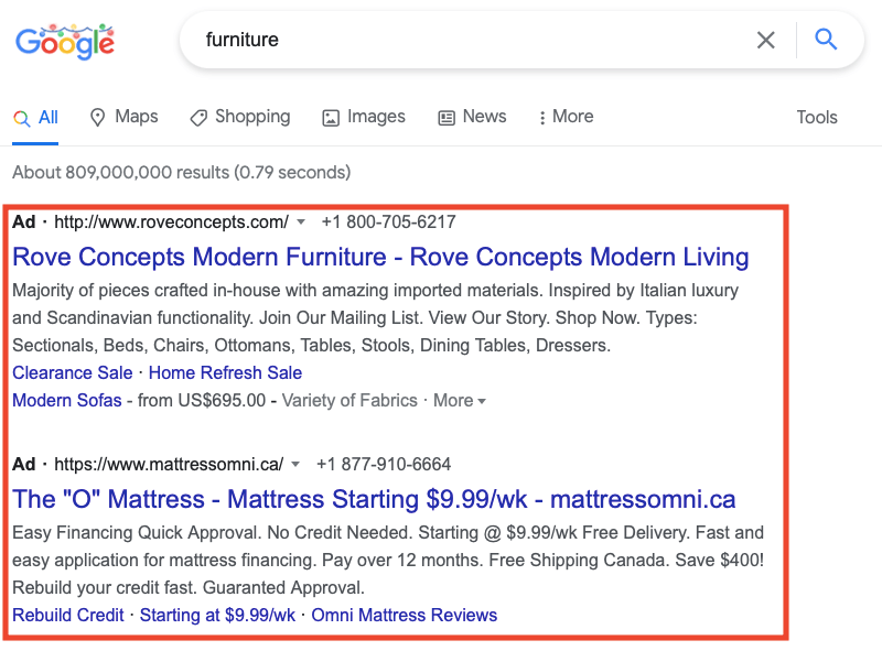 Screenshot of a Google search for furniture with a red box around the paid ads