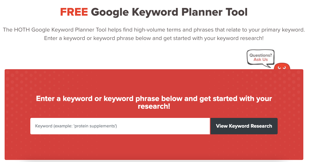 Screenshot of The HOTH's free Google keyword planner tool