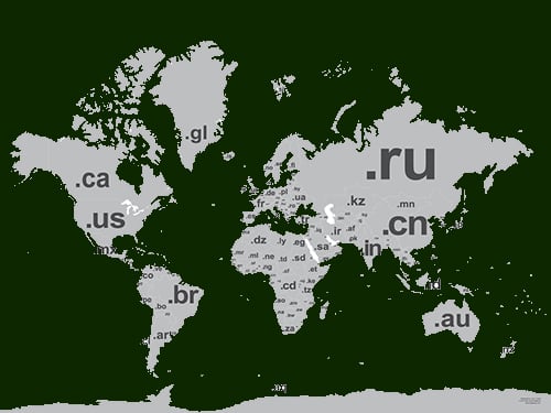 A map showing the top online country codes or ccTLD.