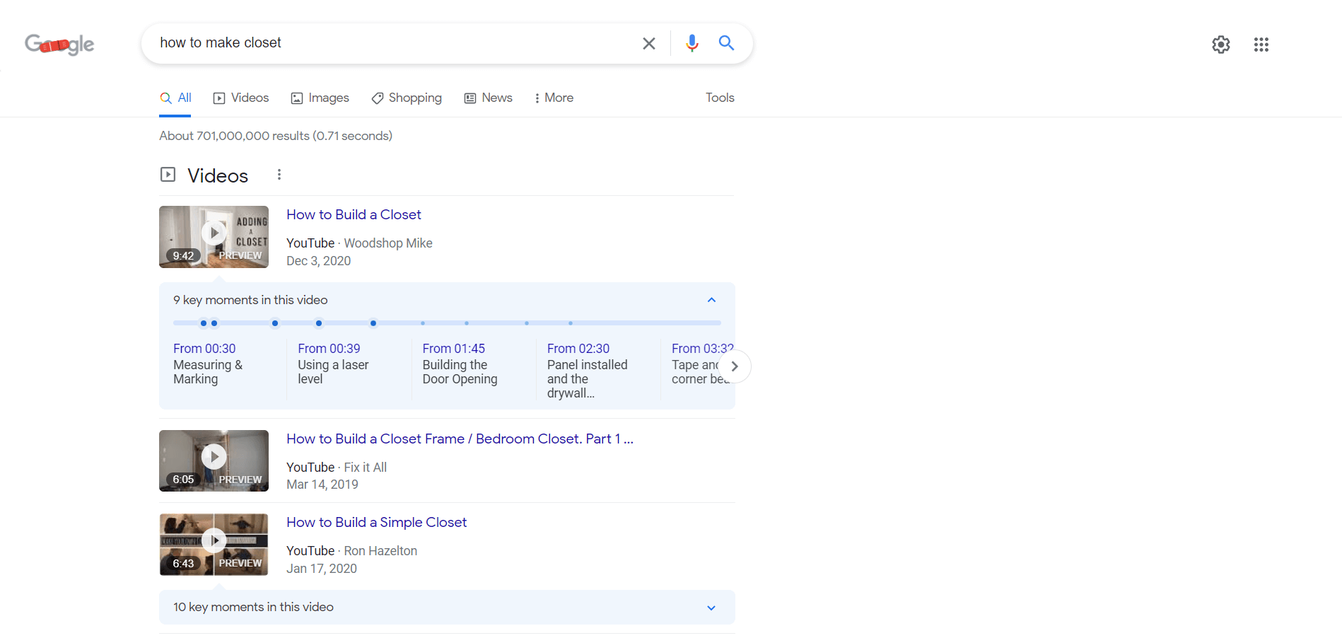 Video in Google search results page