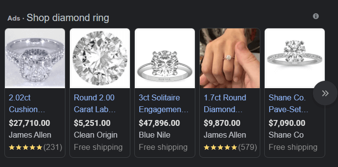 Google shopping ads for the term "diamond ring"