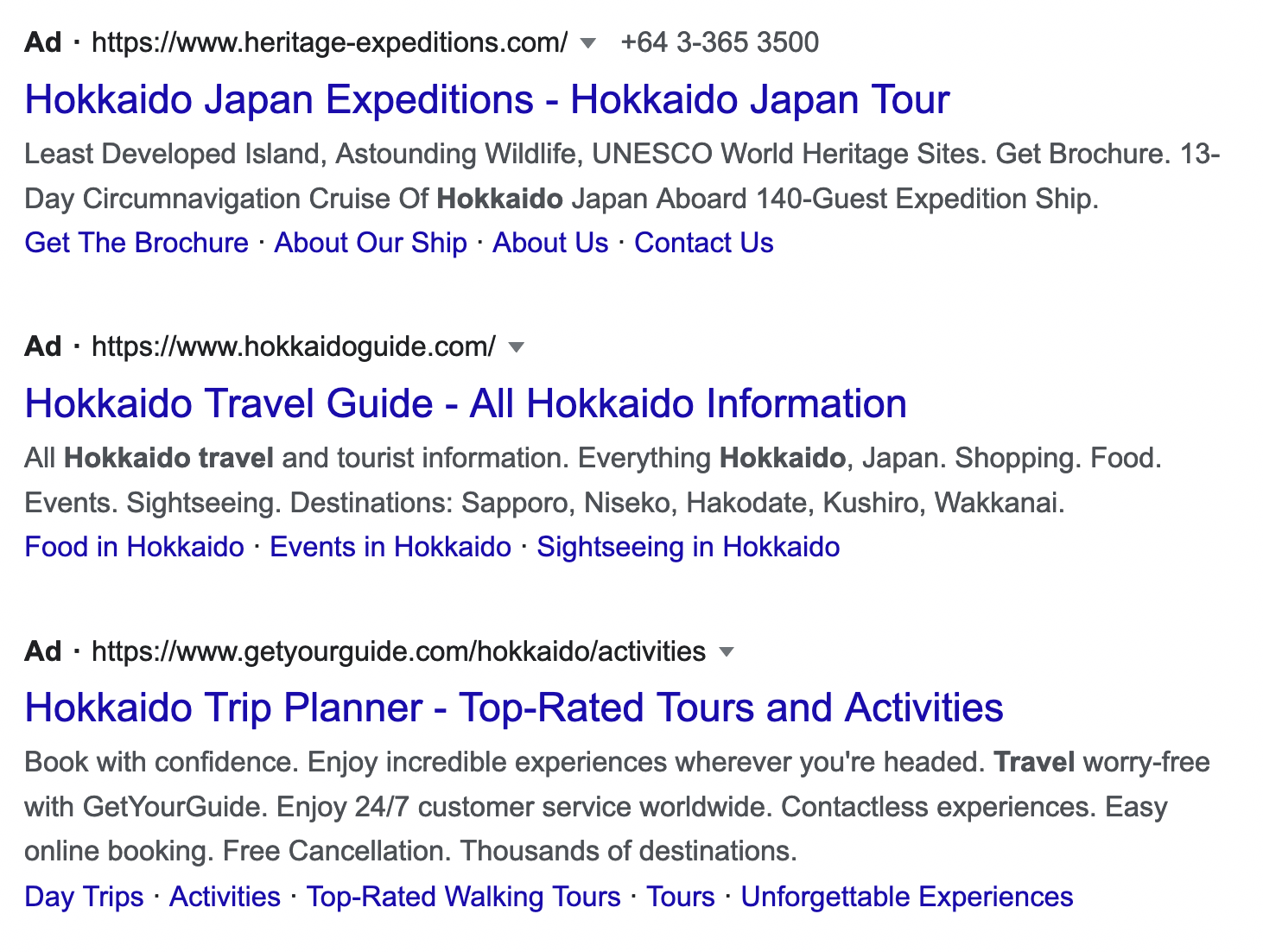 Google search ads for Hokkaido trip planners