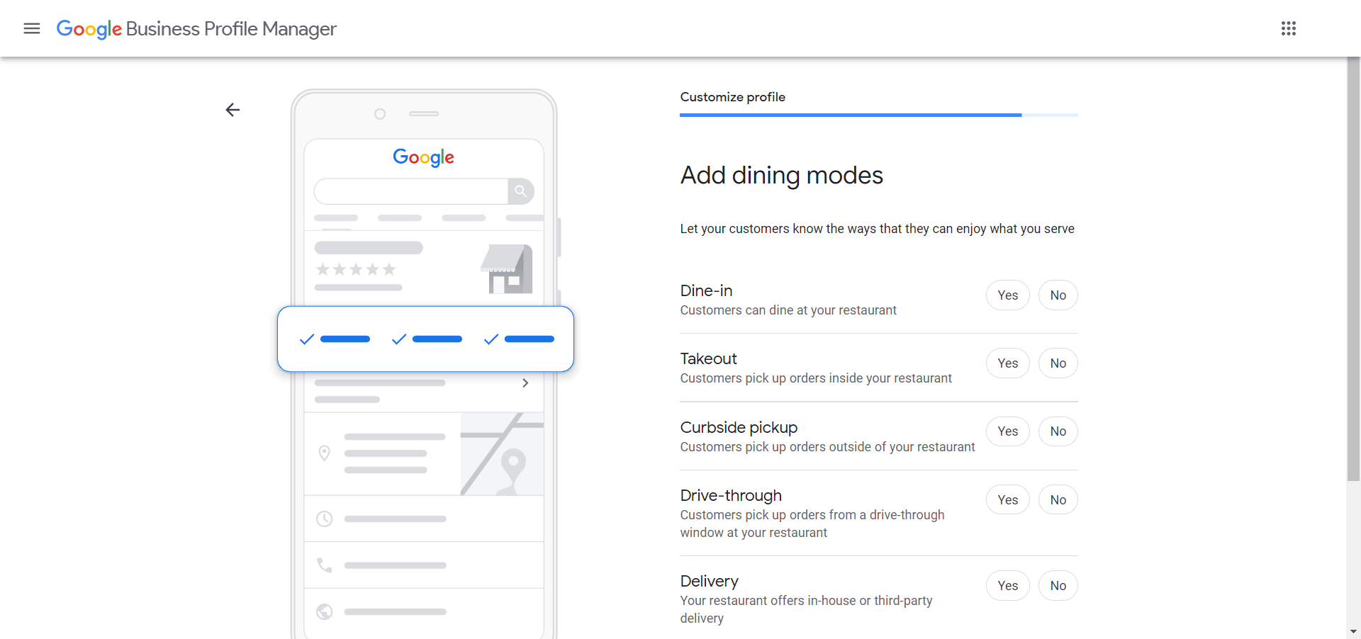 Dining modes in Google My Business