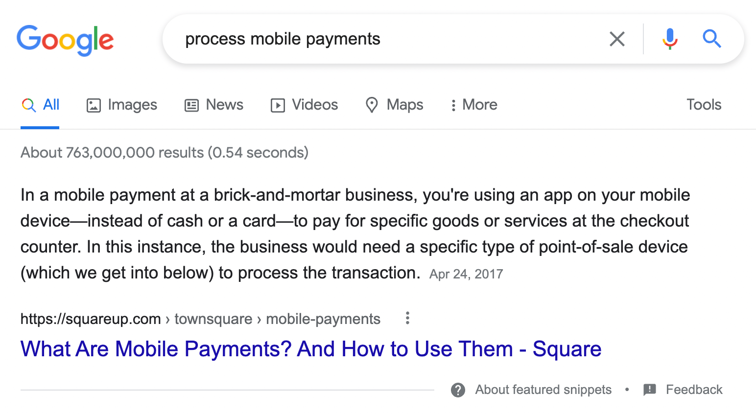Mobile payments search result