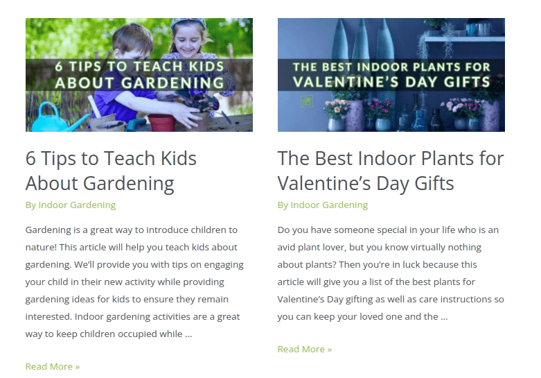 A screenshot of the Indoor Gardening blog.