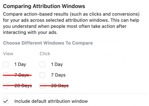 Image showing Facebook Ad 7-day view-through attribution will no longer be available. 