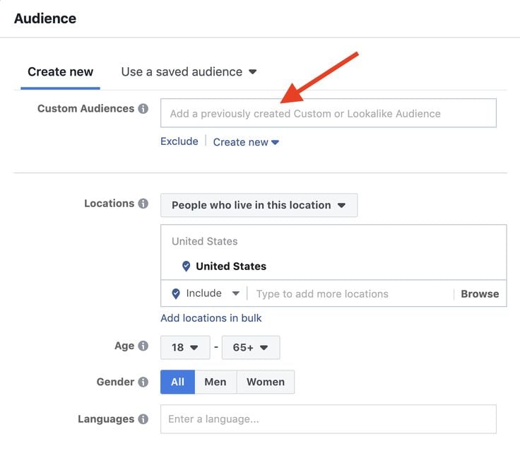 Image showing where to add custom audience in FB Ads