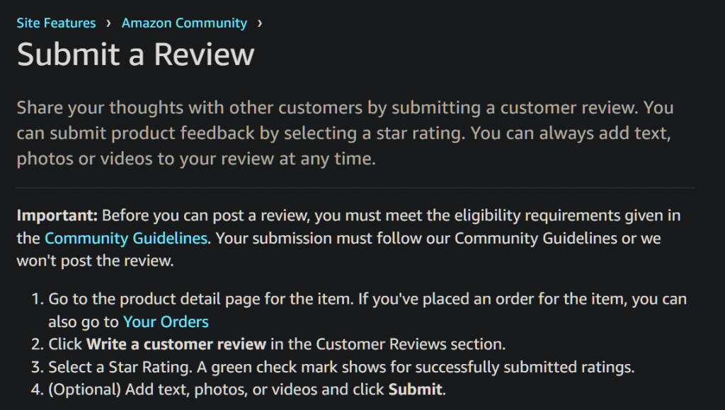 Image of Submit a Review Page on Amazon