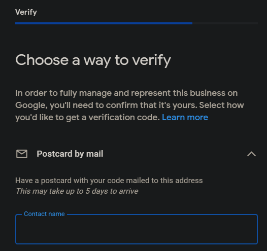 Image of verification set up on Google Business Profile