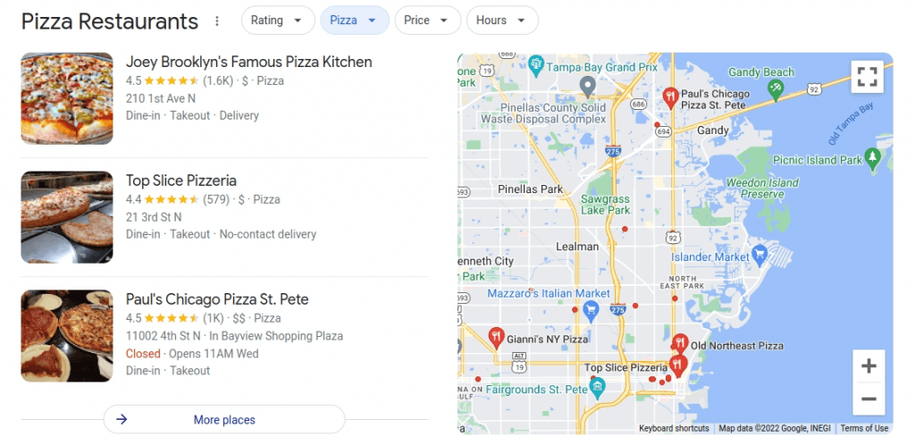 Map Pack you get when searching for “pizza” in St. Petersburg, Florida