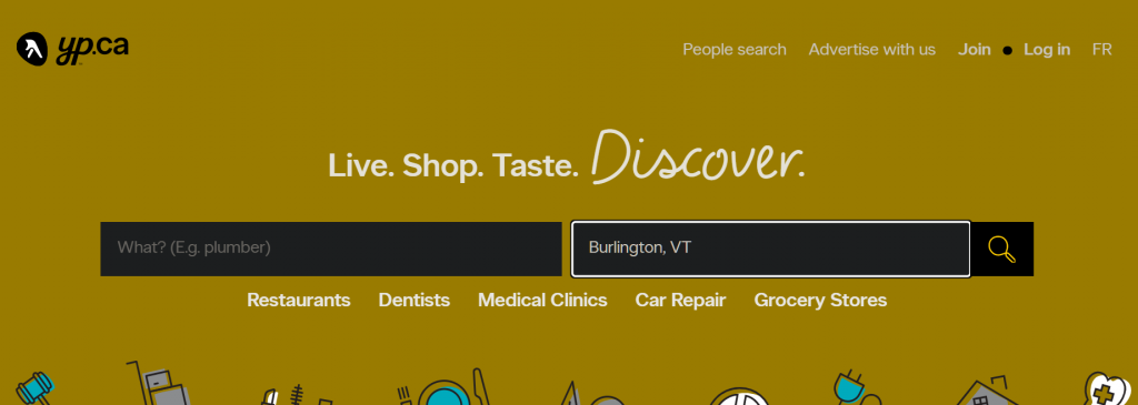 Homepage of yellowpages website