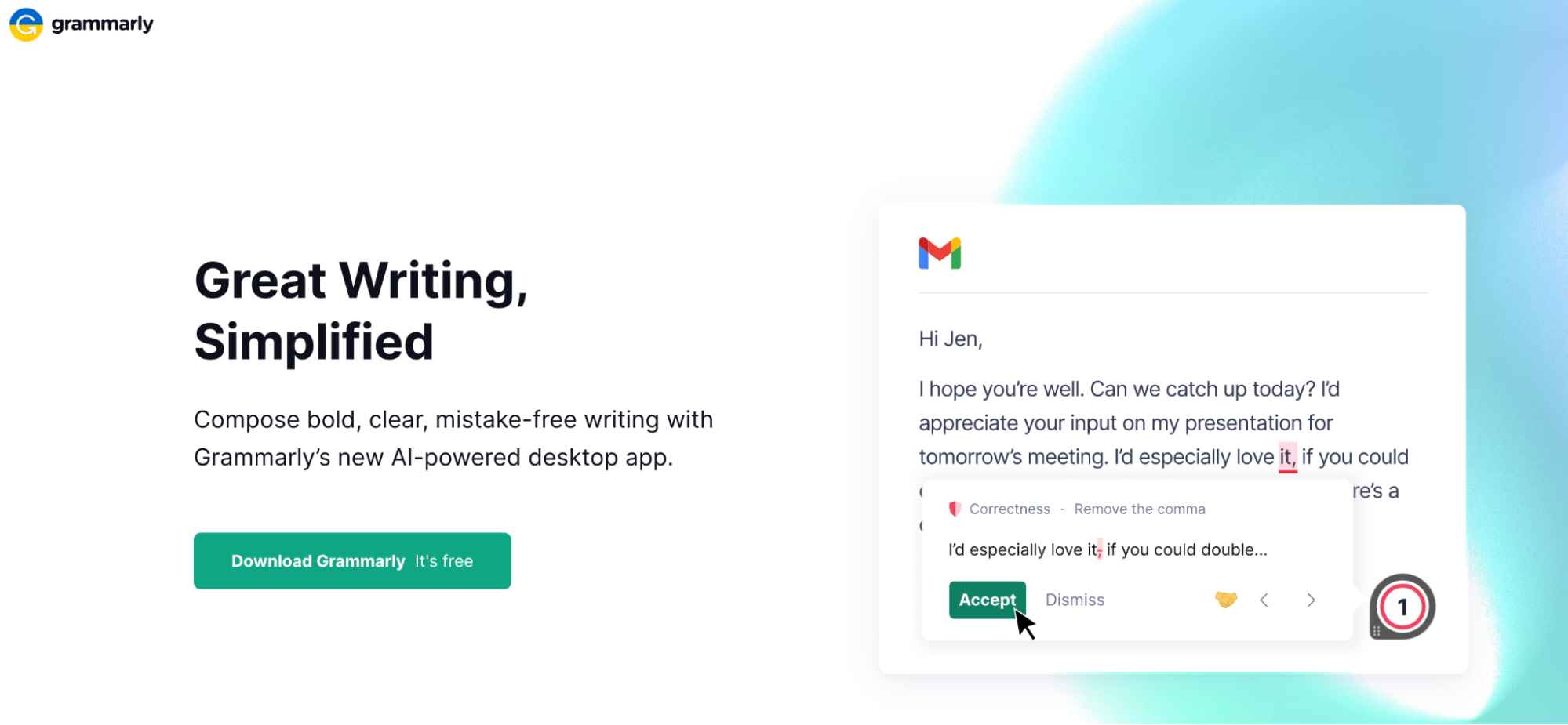 The homepage for Grammarly