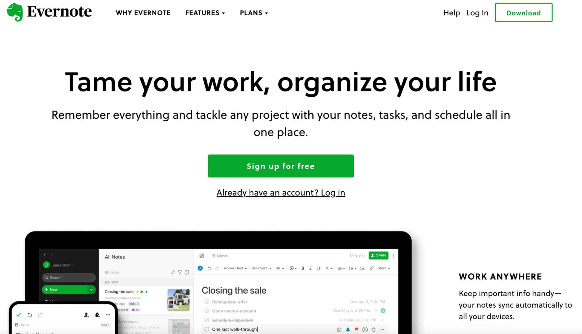 The homepage for Evernote