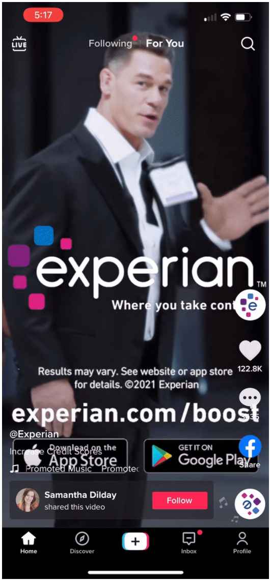  example of a TopView ad by Experian