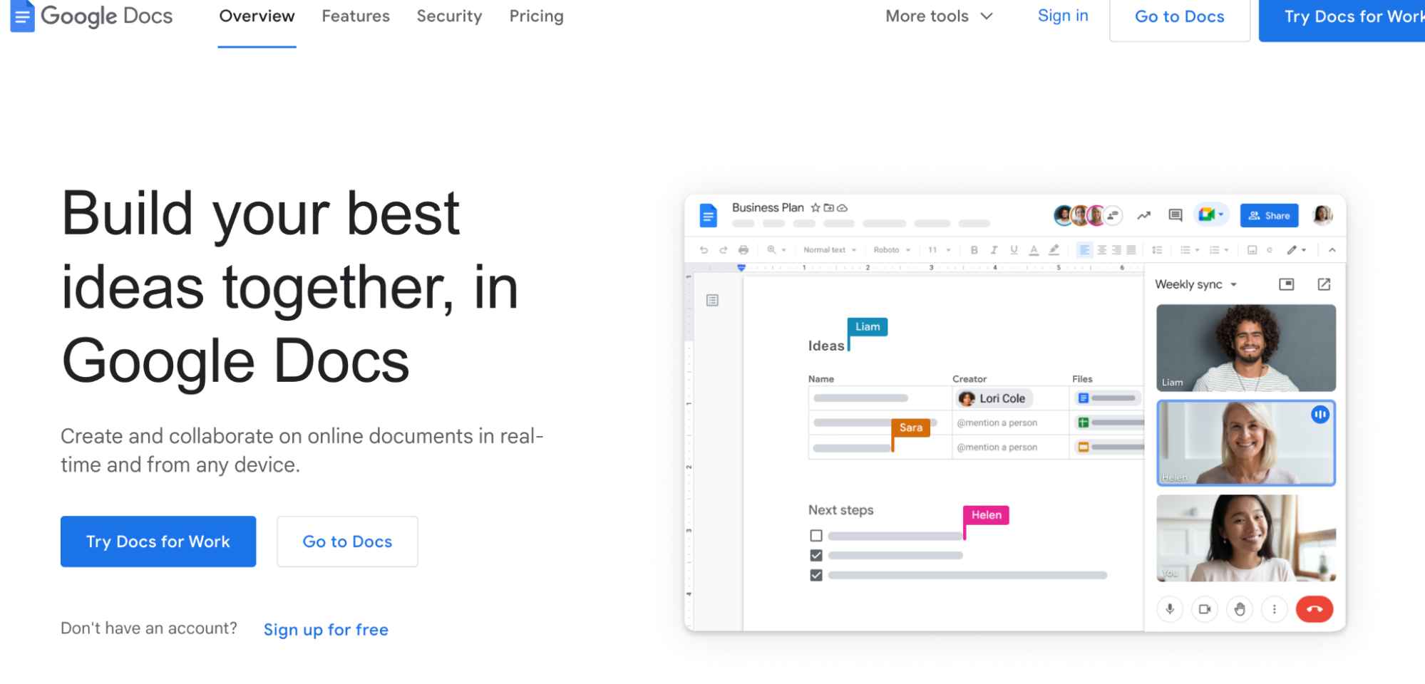 The homepage for Google Docs