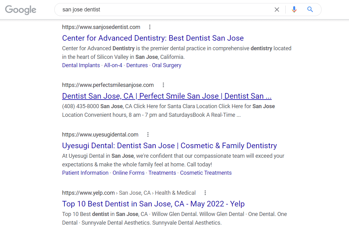 Example of search results for "san jose dentist"