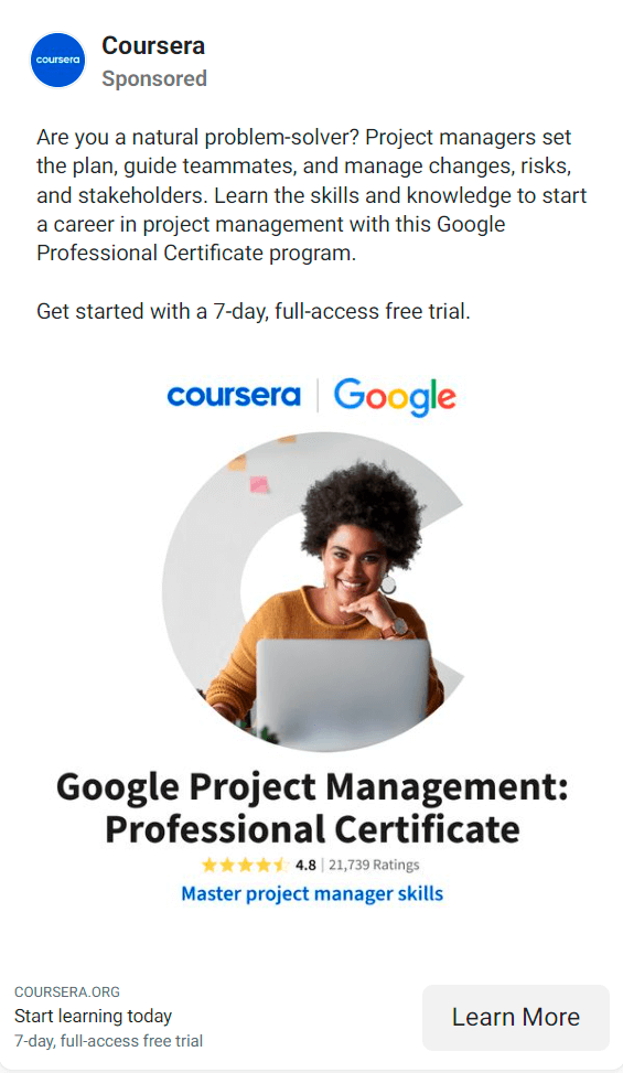 Coursera's in-feed Instagram ad