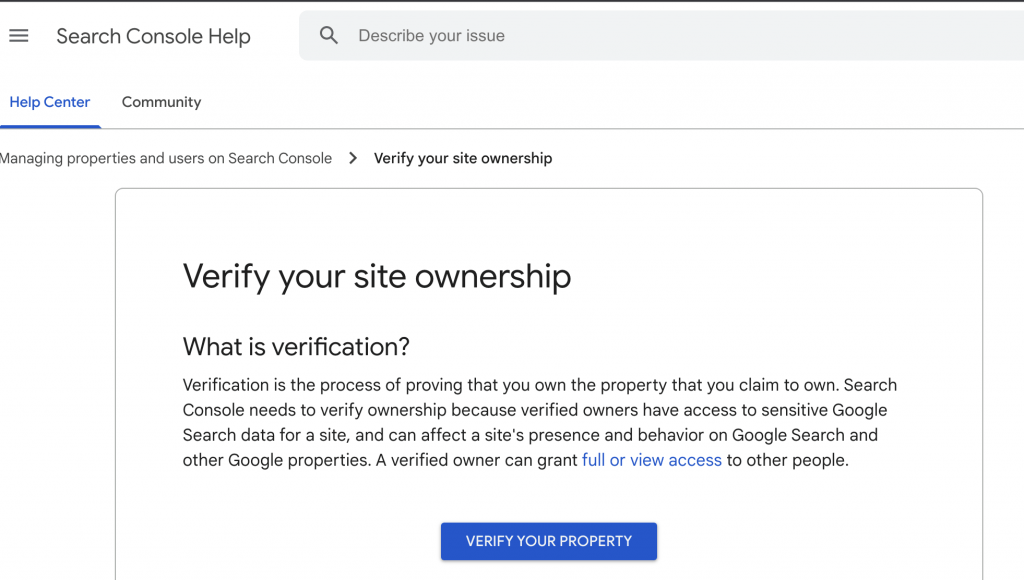 Image of Ownership verification page on Managing properties and users on Search Console