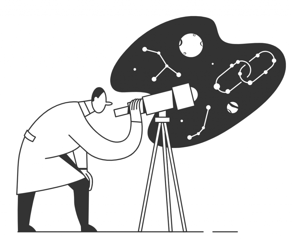 Image of man looking at links through a telescope